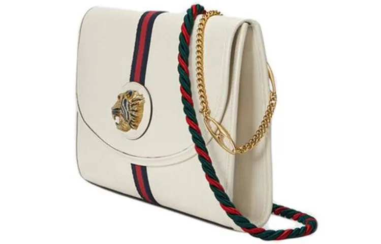 (WMNS) GUCCI Rajah Enamel Tiger Head Stripe Webbing Leather Chain Shoulder Messenger Bag White Retro 564697-0OLKX-8609