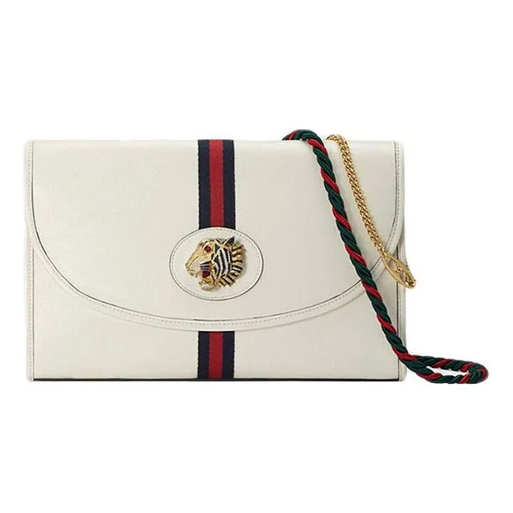 (WMNS) GUCCI Rajah Enamel Tiger Head Stripe Webbing Leather Chain Shoulder Messenger Bag White Retro 564697-0OLKX-8609