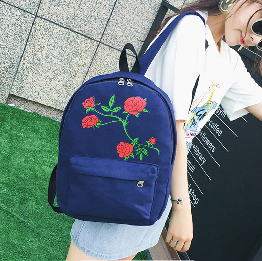 Women Girls Embroidery Rose School Bag Travel Backpack