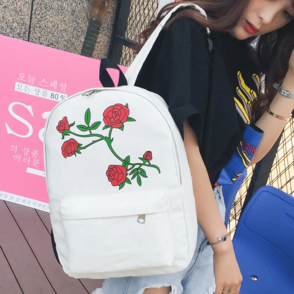 Women Girls Embroidery Rose School Bag Travel Backpack