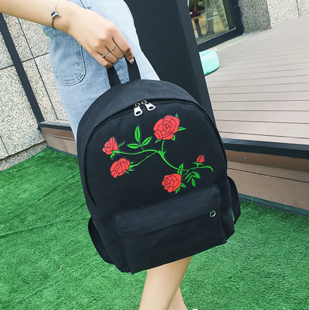 Women Girls Embroidery Rose School Bag Travel Backpack