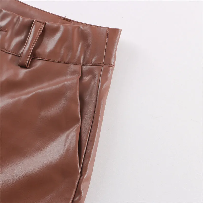 Women's Solid Color High Waist Slim Leather Pants with Pockets