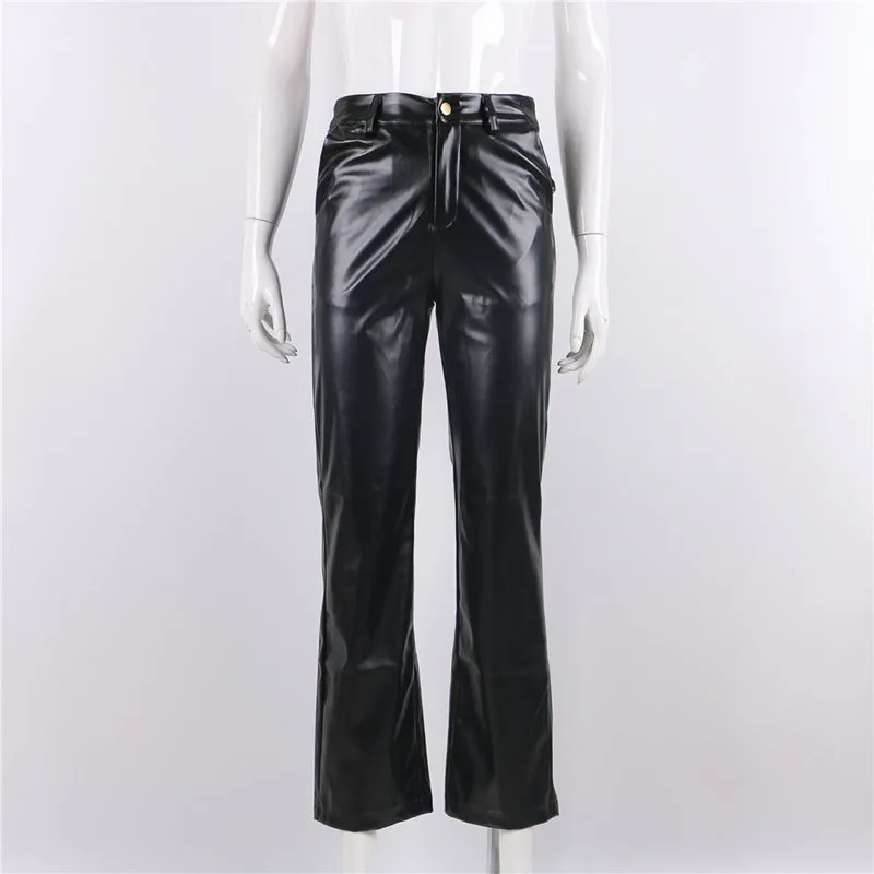 Women's Solid Color High Waist Slim Leather Pants with Pockets