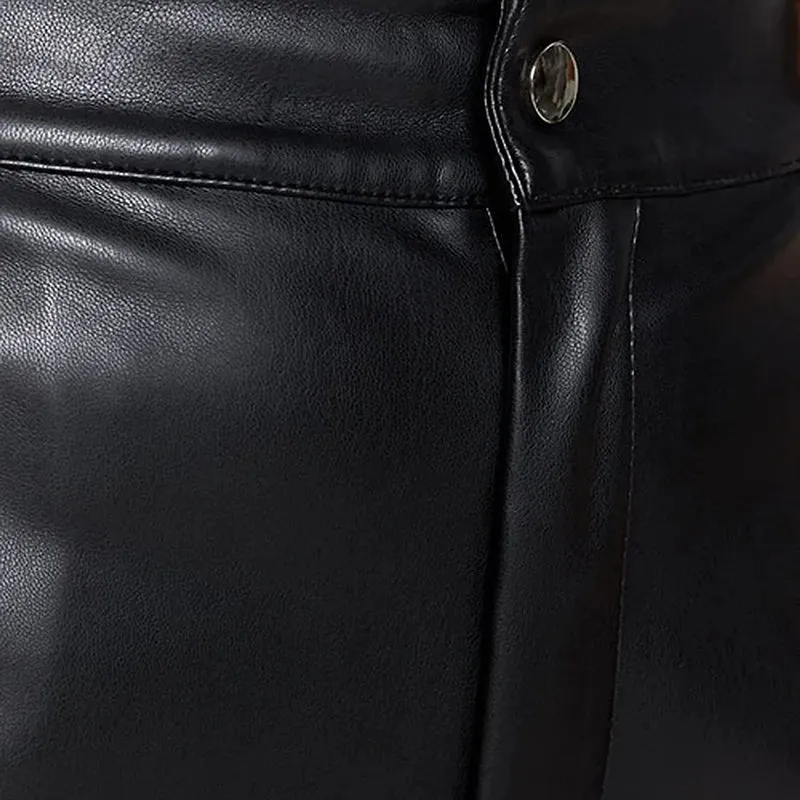 Women's Solid Color High Waist Slim Leather Pants with Pockets