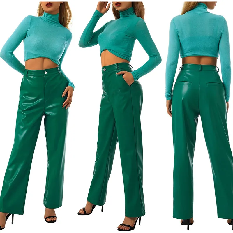 Women's Solid Color High Waist Slim Leather Pants with Pockets