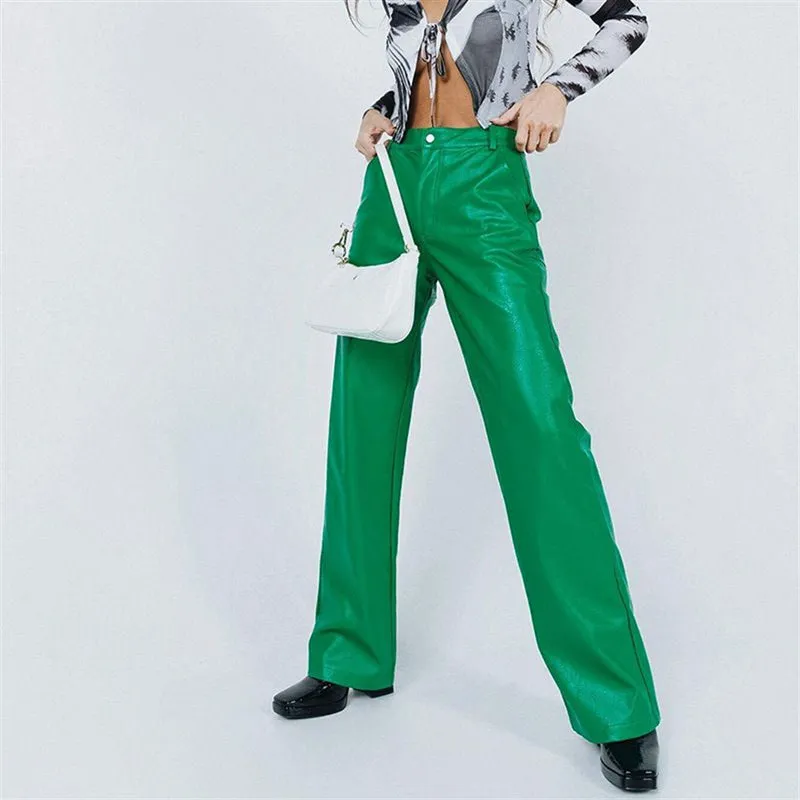 Women's Solid Color High Waist Slim Leather Pants with Pockets