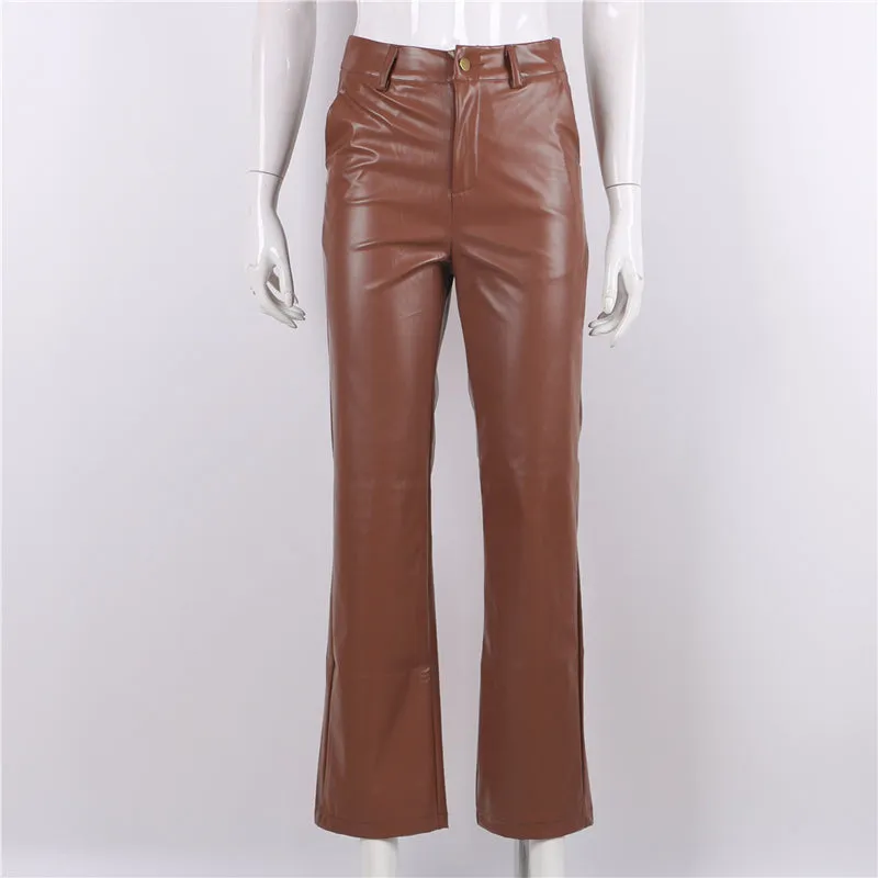 Women's Solid Color High Waist Slim Leather Pants with Pockets