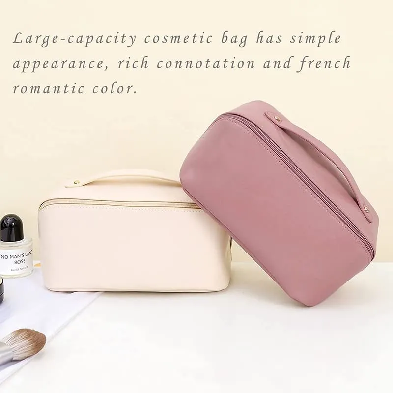 XIVUMN Large Capacity 12 Cms Cosmetic Travel Bag, Women's Makeup Travel Bag Portable Leather Cosmetics Bag, Wide Opening Cosmetic/Makeup Organizer Bags(Pink)