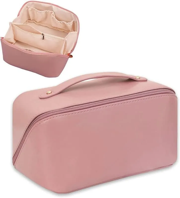 XIVUMN Large Capacity 12 Cms Cosmetic Travel Bag, Women's Makeup Travel Bag Portable Leather Cosmetics Bag, Wide Opening Cosmetic/Makeup Organizer Bags(Pink)