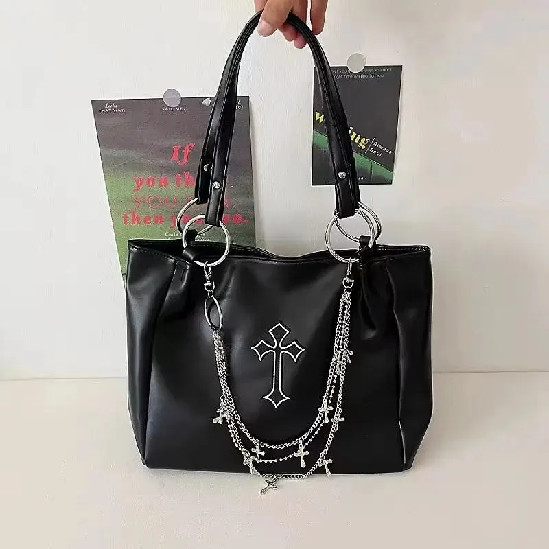 Y2K Tote PU Cross Grunge Gothic Vintage Leather Capacity Large Bag