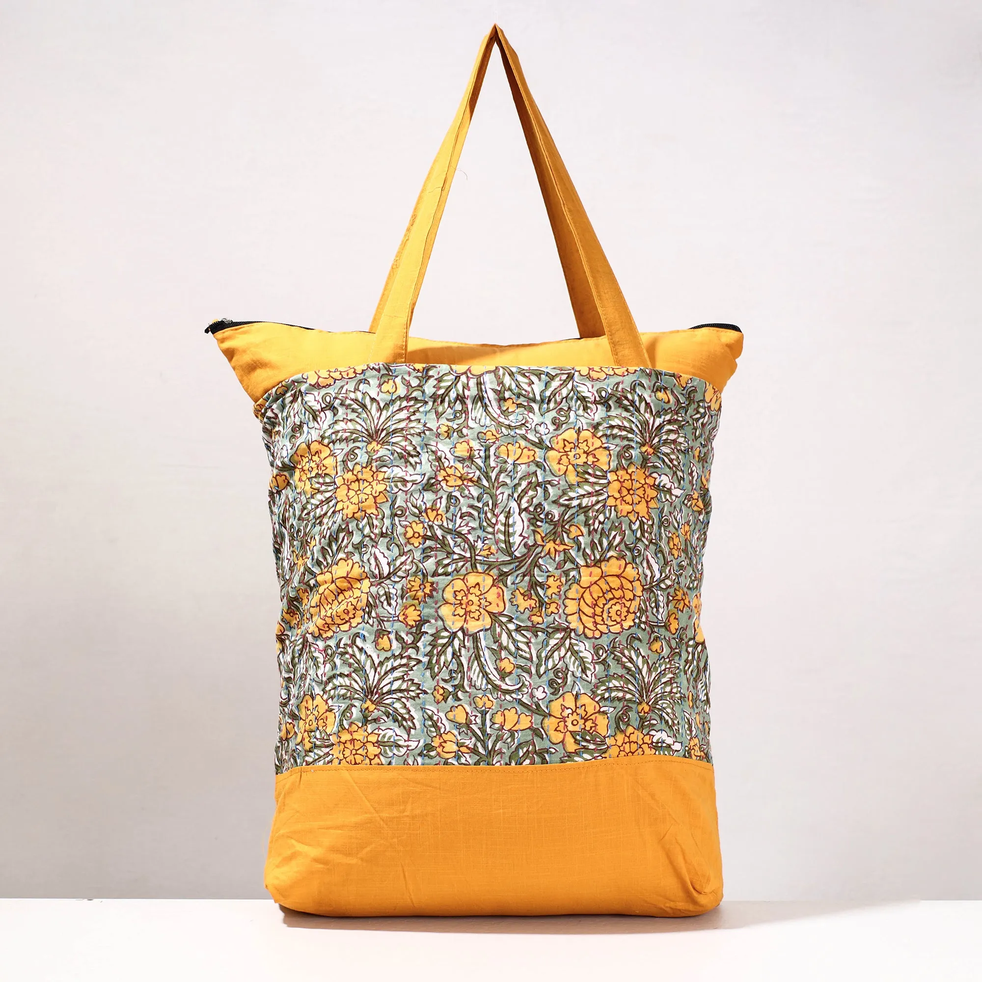 Yellow - Kantha Work Block Print Cotton Shopping Bag