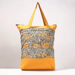 Yellow - Kantha Work Block Print Cotton Shopping Bag