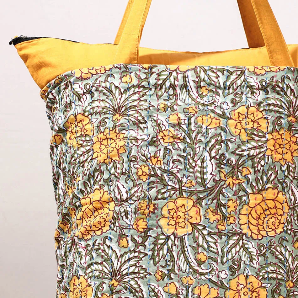 Yellow - Kantha Work Block Print Cotton Shopping Bag